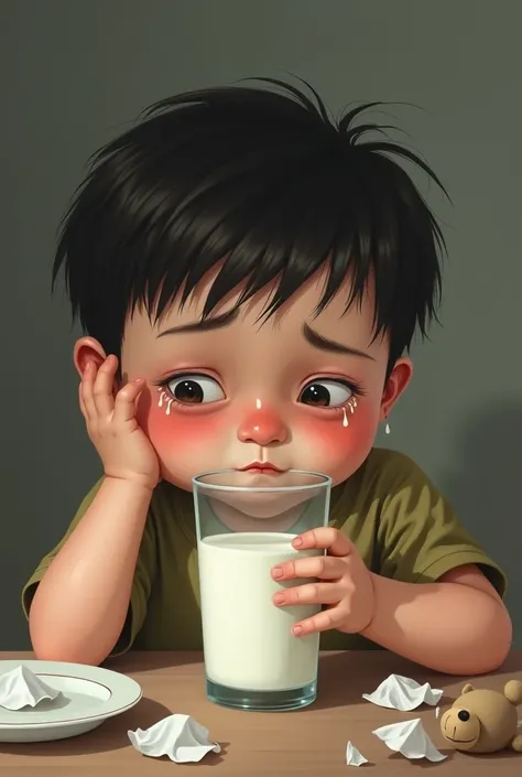 A fat boy cries while drinking milk