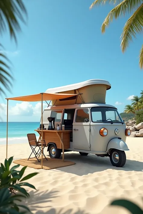 Heres a detailed prompt based on the image:

"A small, vintage-style three-wheeled camper van parked on a sandy beach with a clear blue sky and ocean in the background. The camper features a light gray exterior and a pop-up roof tent. It has an awning exte...