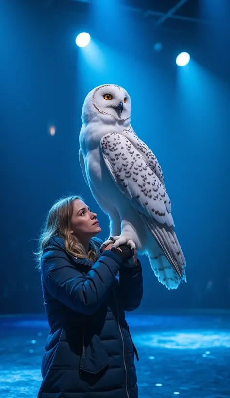 a cinematic scene of the stage in blue lights of original American got talent show. A woman in winter attire stands with a massive owl perched on her arm. The owl is around 1 meter tall, with white feathers and light gray speckles, exuding a powerful and m...