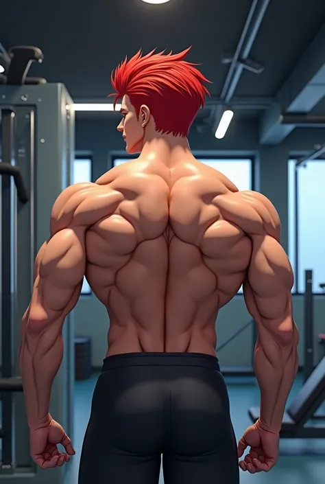 handsome cute boy, masculine,  red hair, black pant,  extremely muscular and defined backs, in a bodybuilding gym, anime, smooth picture, 3D, doing push up 