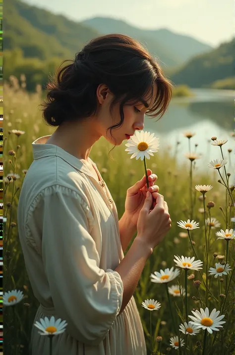 Black-haired white-skinned man kissing a daisy in a landscape