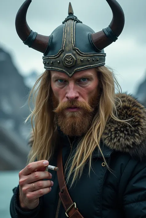 Blond man wearing a Viking hat smoking a joint 