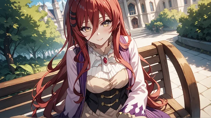 grimm grimoire, grimm grimoire from Sentouin, Hakenshimasu! , cm height cleavage, sexy body, perfect tits, hourglass figure, blush, woman with long red hair sitting she is wearing a purple dress with a high neckline and long sleeves the dress has a ruffled...