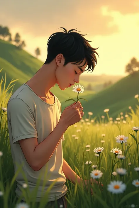 Short black-haired white-skinned man kissing a daisy in a landscape