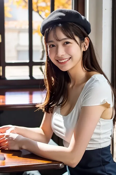 (masterpiece, best quality, perfect anatomy, highres, 8k, realistic, photorealistic, natural skin texture, no makeup:1.2), (morning:1.5), 1girl, solo, Japanese, age20, female university student, very cute, (large breasts:1.5), sitting by a café window on a...