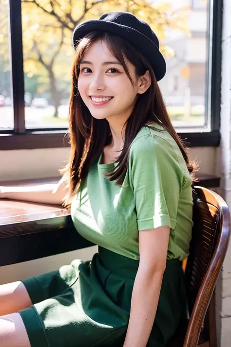 (masterpiece, best quality, perfect anatomy, highres, 8k, realistic, photorealistic, natural skin texture, no makeup:1.2), (morning:1.5), 1girl, solo, Japanese, age20, female university student, very cute, (large breasts:1.5), sitting by a café window on a...