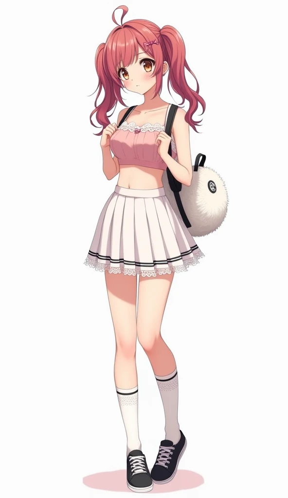 Anime adolescent woman with long loose hair with two pigtails in shades of pink wears a short top in pastel pink and showing her abdomen and with an elegant and feminine design. It has thin straps and a white lace trim on the upper part that adds a romanti...