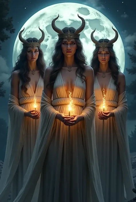 The 3 Hecates goddesses with torch and moon behind them