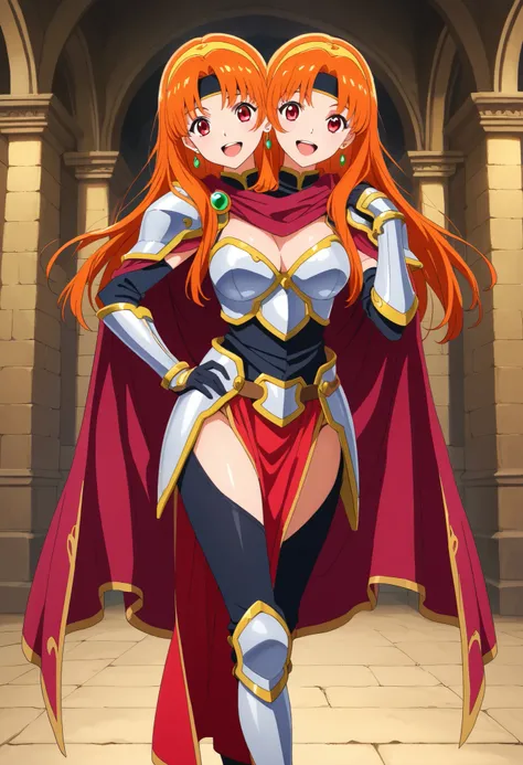 anime girl with two heads, armor, bangs, breasts, cape, cape lift, earrings, gloves, hand on hip, headband, jewelry, long hair, looking at viewer, open mouth, orange hair, red eyes, shoulder armor, smile