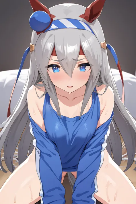 NSFW,masterpiece, top quality , High Definition , very detailed,UMATC、Horse&#39;s ears、 ear covers、 horse tail、Gray Hair、 long hair、 hair bow、 hair between eyes、 blue eyes、 hair ornament、 headband