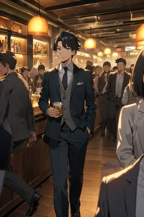  rear view 、I&#39;  black hair extending his left hand upward    、   Going too far to Japan 、18 years old、Bustling city、 crowd、 18 years old girl 、 man in a suit in his 50s、Pub、bar