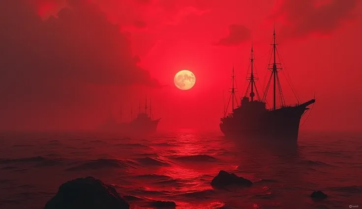 3.	 An ocean completely transformed into blood, with sunken ships in the background .