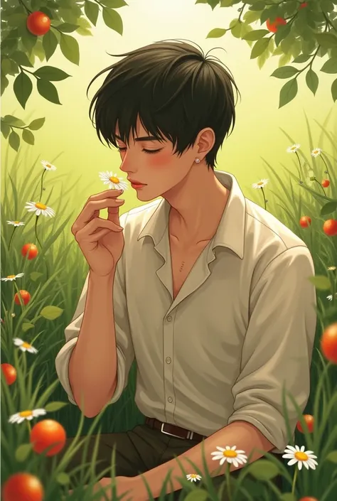 Short black-haired white-skinned man kissing a daisy in a field with fruits 