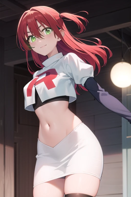 kitaikuyo, ikuyo kita, (green eyes:1.5), hair between eyes, long hair, one side up, red hair, smile,
BREAK team rocket,team rocket uniform,white skirt,red letter R,crop top,black thigh-highs,black elbow gloves,
BREAK looking at viewer, cowboy shot,
BREAK (...