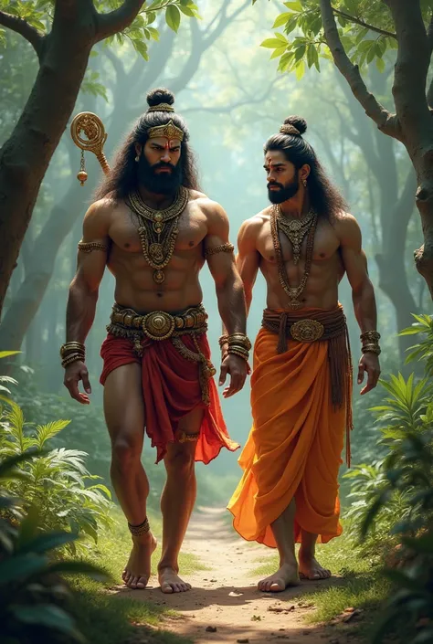 fitness body Hanumanji wearing jewelryd was walking with ram in the forest