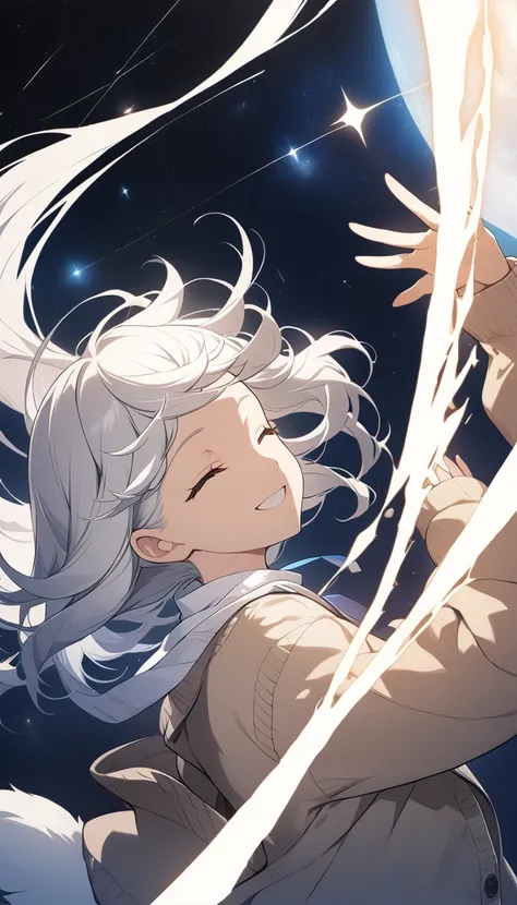 {{{{masterpiece}}}},{{ top quality }},{{ Official Art }},{{ High Definition CG Unity 8K Wallpaper }},{{{ Artbook }}},  one young girl who cant see the stars, White Hair, (( Loose Side Tail )), ((Open your eyes slightly)), (( cardigan )),  white sweater,  f...