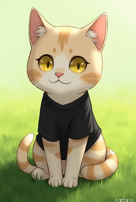 anime cat with yellow eyes and a black shirt sitting in the grass, a digital painting by Kanbun Master, pixiv contest winner, furry art, cute detailed digital art, anime cat, anime visual of a cute cat, realistic anime cat, warrior cats fan art, cute digit...