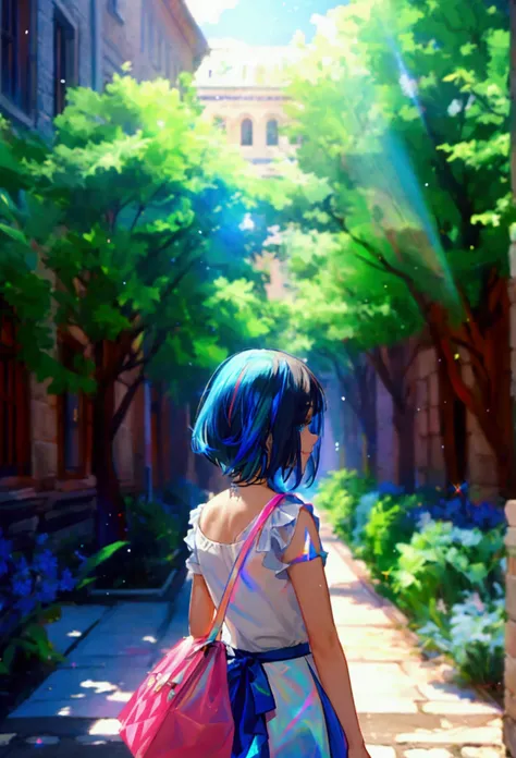 oil painting, Like a game cover、background（Medieval university corridor、I can see the courtyard、kaleidoscope、A scene of youth 、Particles of light dance in the sky、Path of Light( Holographic :1.2)、 the contrast between blue and green）、 pose（ looking back）、 ...