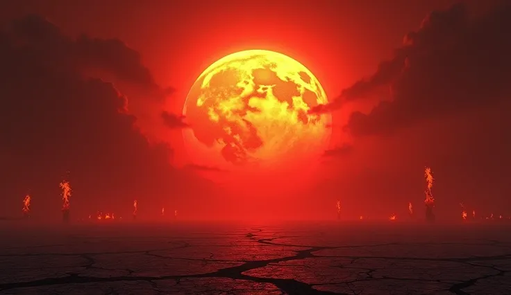 5.	 A blazing red sun covering the sky, as the ground burns below .