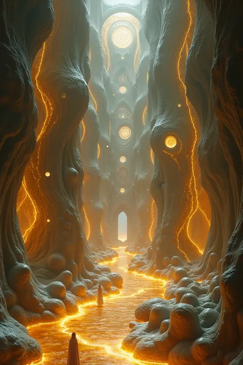 A surreal cathedral constructed from liquid clock faces, with rivers of molten gold flowing through its walls. The interior features a choir of floating hourglasses singing luminous notes into the air.