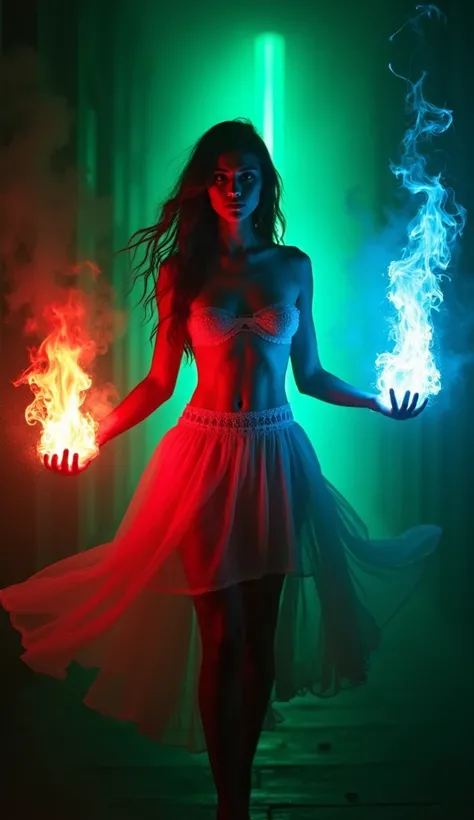 A picture of a hot young women  that is completely dark, has a red fire in one hand and a blue fire in the other, and is flying, with one foot behind the other and a green light falling from behind.