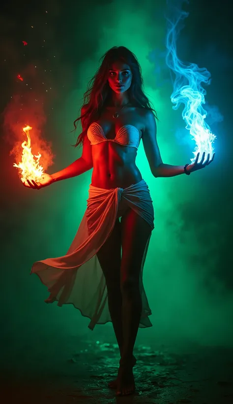 A picture of a hot young women  that is completely dark, has a red fire in one hand and a blue fire in the other, and is flying, with one foot behind the other and a green light falling from behind.