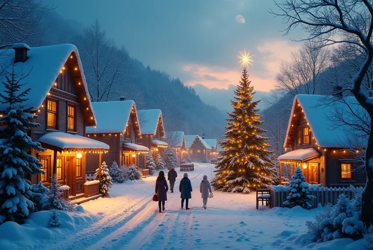 "A charming snow-covered village at twilight, with glowing Christmas lights strung between cottages, people walking with gifts, a decorated Christmas tree in the town square, and soft snow falling from the sky, cinematic lighting, ultra-high resolution, ma...