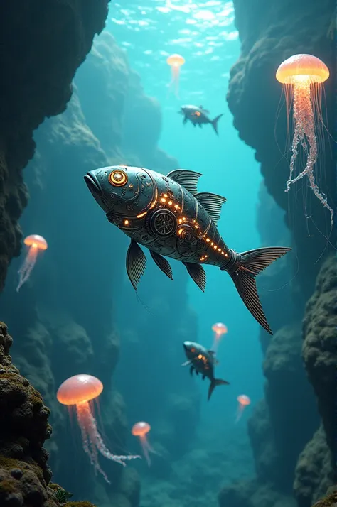 An underwater world where coral reefs are replaced with intricate mechanical sculptures. Metallic fish with glowing gears swim through the currents, and robotic jellyfish emit soft, iridescent lights.