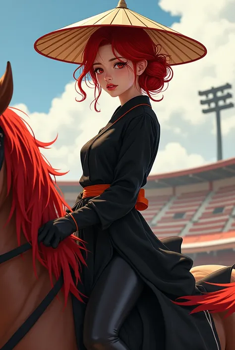  I have red hair 、 The image of my hair is a hat with a Japanese knot and the hat on、 My clothes are black 。On the right is a skirt 。 and Im riding a horse 。 and recently its the Olympics 。
