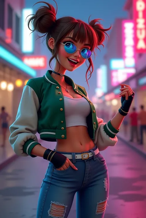 A hot young caucasian adult big breast female sweaty hairstyled in brown messy twin buns with bangs, blue eyes wearing silver framed blue aviator shades, a green cropped varsity jacket with white sleeves rolled up over a white cropped tank top, black finge...