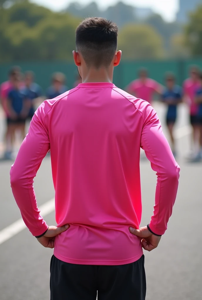 Make a photo of a marathon Trainer looks very young "a marathon trainer age 24 within pink color uniform must be full sleeves and black color short and matching shoes. Not in clean shave, short haircut like soldiers and must 5.6 hieght. write trainer on ba...