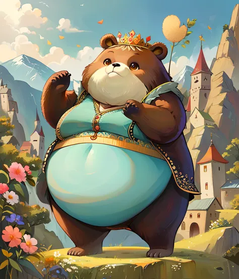 style of Iwona Lifsches, (cute, fat, obese, anthro, male, bear), solo, full body, fur, ((cyan underwear)), mountain, dynamic pose, hires textures, highly detailed, intricate details, best quality, masterpiece