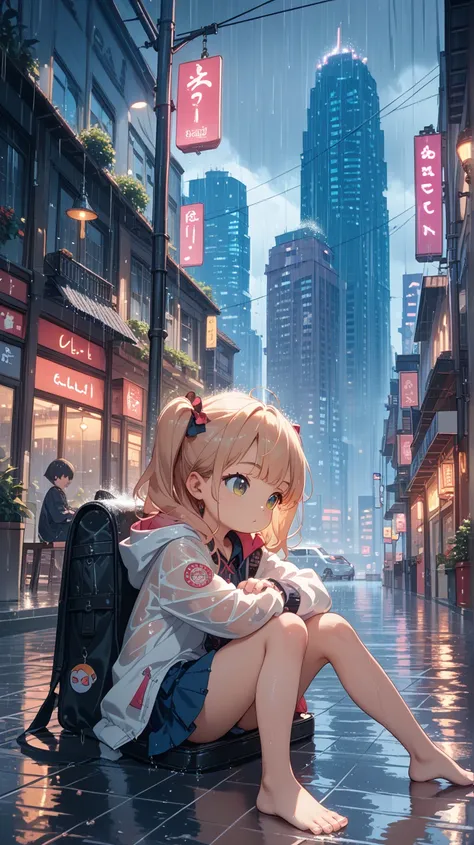 score_9, score_8_up, score_7_up, source_anime, 1girl, barefoot, loli,  sitting, criff, rain, cityscape