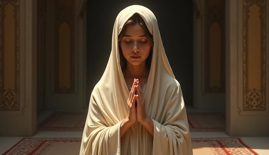 Zainab Daughter of the Prophet wearing a veil is praying in a secluded room, raising both her hands in front of her chest and lowering her head.