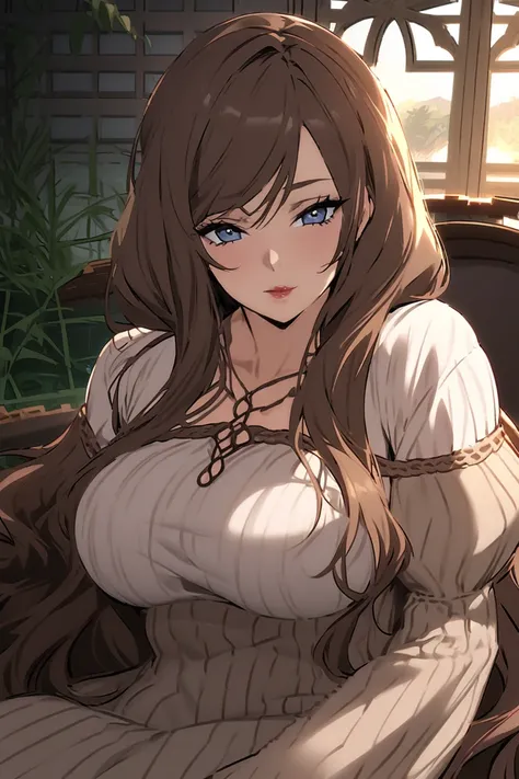 Shes laced your tea with a love potion. Shes sitting on the couch next to you. Shes very hot, with long, bushy brown hair, deep blue eyes. Her voice is soothing, and seems to hypnotize you. She is dressed in a simple and warm brown dress. You dont know why...