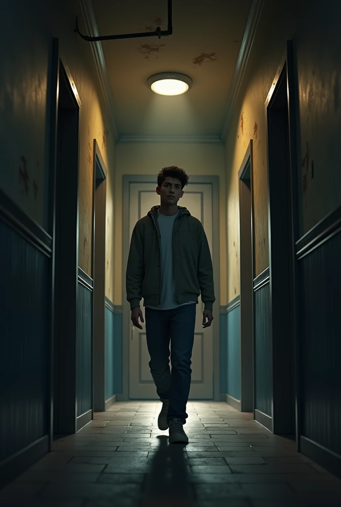 Generate in cinematic 3d cartoon style**
young man cautiously stepping out of his well-lit apartment into a dimly lit corridor, heading towards an old elevator.