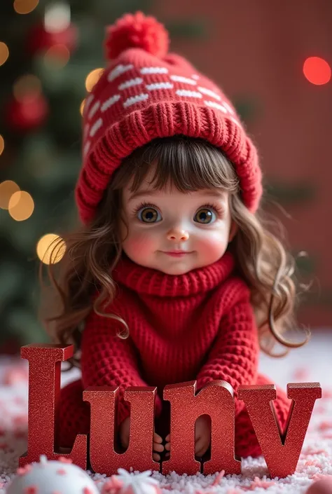 A cute Christmas Thinckerbell girl color Red sitting in the words Luny in beautiful letters color black with  polka Dots color red and magenta with cupper and peach and glittery with es color pink and glasses color pink with magenta and burgundy glittereri...