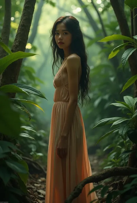 beautiful detailed girl, 18 year old girl, slim girl, deep jungle, confused expression, silk dress, standing pose, highly detailed, best quality, 8k, photorealistic, cinematic lighting, warm color palette, intricate details