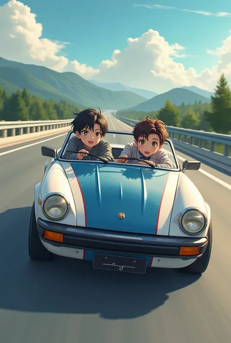  Create two Korean teenagers escaping on the highway in a police patrol sports car,  they are not criminals they just did a trick ,  a boy has brown hair and brown eyes ,  is thin ,  the other boy has black hair ,  big cheeks and pink lips , both have brow...