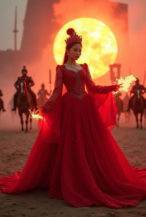 
 photo shoot ful body ,  standing , a beautiful Korean girl wearing a colossal red dress , red crown ,  the girls hands let out a red fireball ,  behind the girl there are some warriors riding horses, and some weapons , eyes burning red ,  in the company ...