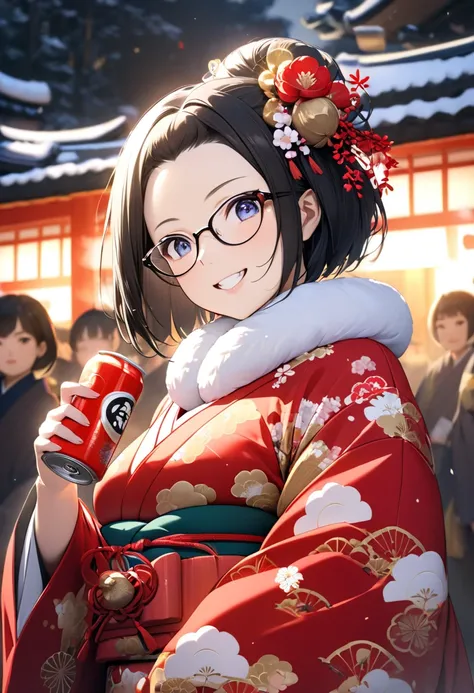 first visit of the year to a shrine、RAWPHOTO,photorealistic,8k16k,best quality,perfect anatomy,perfect detailed,ultra highres, extremely detailed eyes and face,gleaming skin,shiny skin,1girl,Japanese,black short hair,pixie cut, (wearing glasses:1.3),(parte...