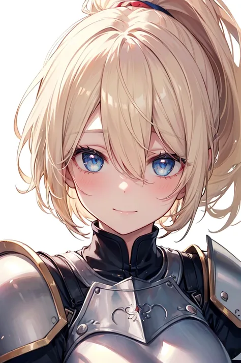 Masterpiece, ((1 girl)), ((Best Quality)), (Ultra-detailed), Highly detailed, (Portrait), ((Big breasts)), ((Hair Over Eyes, Ponytail, Medium Hair, Blonde hair, Blue eyes)), ((30-years-old, Mature women)), ((White Skin)), ((Iron Knight Armor Dress, Iron Ar...