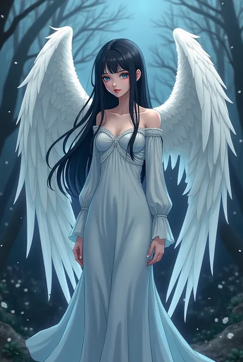  Very beautiful female angel with long straight black hair with big breasts narrow waist wide hips sky blue eyes dressed in a LONG TUNIC, black her wings are white sky blue eyes red lips in the background the kingdom of the dead looks sad .  anime style  