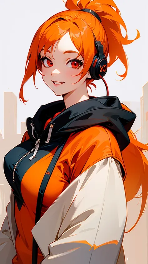 female 1 person、solo、 orange hair、 ponytail、Big round red eyes、smile、 Upper Body Closeup 、 small boobs 、 hoodie、 headphones 、 street、Outdoor、satin、neon