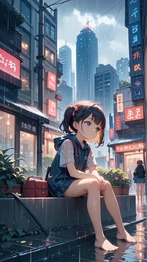 score_9, score_8_up, score_7_up, source_anime, criff, 1girl, barefoot, loli,  sitting, rain, cityscape