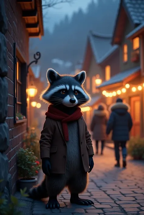 Background is lighted Scandinavian brick town, night, Lonely


Camera moves forward to the face of the raccoon character in the foreground of the reference image, {the raccoon character is standing +++ in place, } background and characters clothes and face...