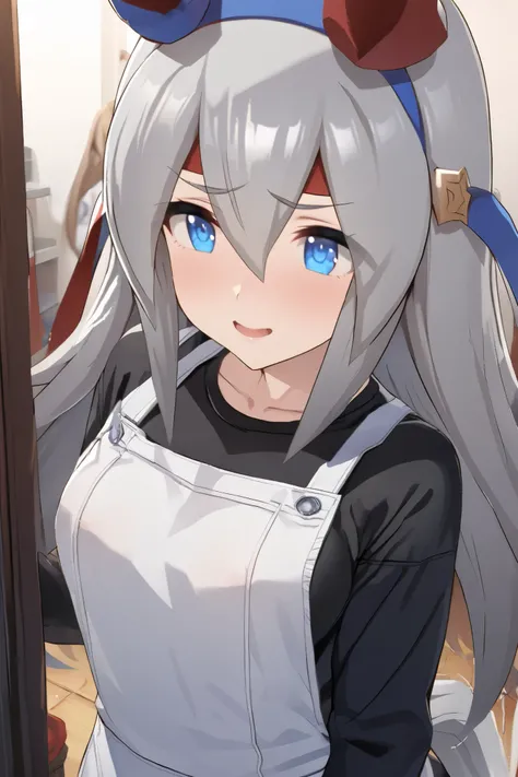 NSFW,masterpiece, top quality , High Definition , very detailed, tamamocross (Uma Musume)、Horse&#39;s ears、 ear covers、 horse tail、Gray Hair、 long hair、 hair bow、 hair between eyes、 blue eyes、 hair ornament、 headband, apron