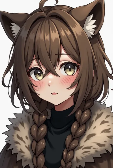 A human girl with leopard species and a ash brown hair and a ladder hair style with a wolf-cut bangs and a white tips on the bangs a bit. A white eyes with a black and white pupil on the eyes vanllia skin tone