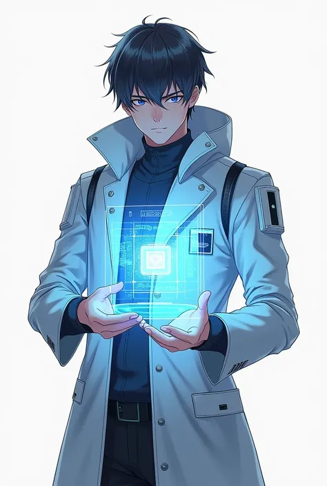 Young man , cyberpunk outfit and helmet , doctor scientist , showing a hologram of a nano chip , realistic anime style illustration , white background 