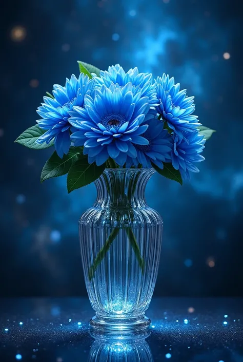 perfect metallic crystal glass vase with beautiful blue flowers.Precision、The stars are shining、galaxy starry sky background 、Professional movie-like lighting 、 Masterpiece. 